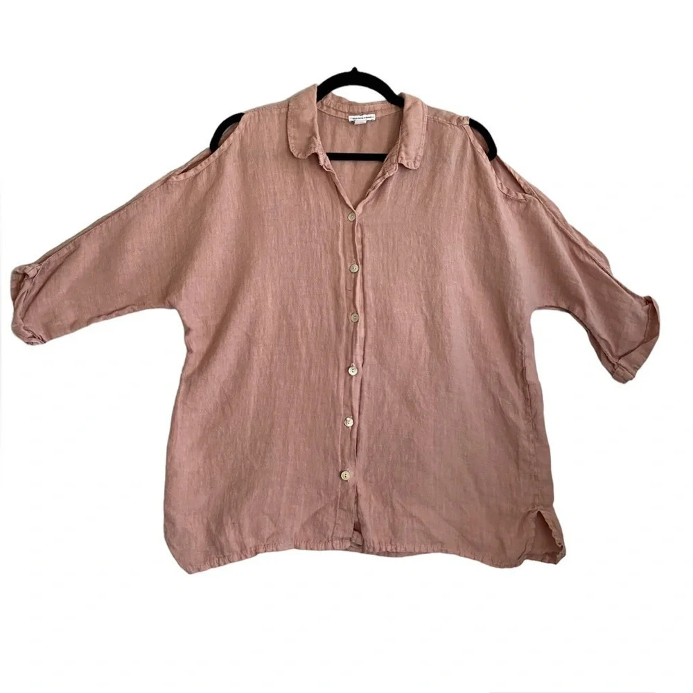 Saks Fifth Avenue Womens Button Up Linen Cold Shoulder Blouse Blush Pink Sz L